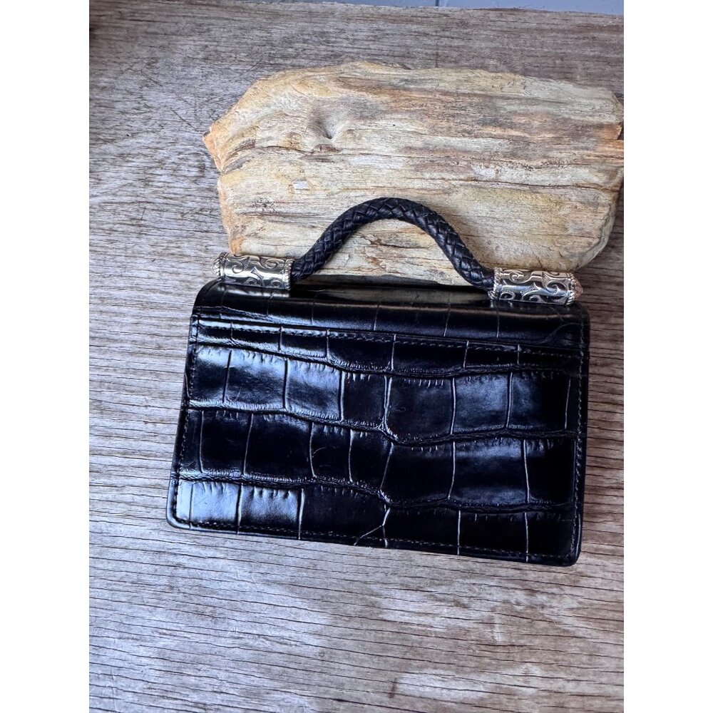 Brighton Black Croc Embossed Leather Organizer Wallet Mini Clutch Braided Handle - Picture 2 of 8